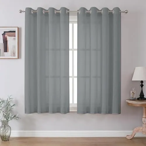 CUCRAF Leinen Voile Vorhänge mit Ösen Lichtfilterung Gardine für Schlafzimmer Wohnzimmer, Grau Blau, H145 x B140cm 2er Set
