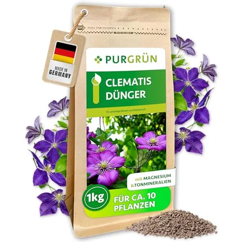 Purgrün Clematis Dünger 1 kg - Blumendünger für prächtige Clematis: NPK 5+4+6 mit 4% Magnesium und extra Kalium für kräftige Blüten und gesunde Pflanzen.