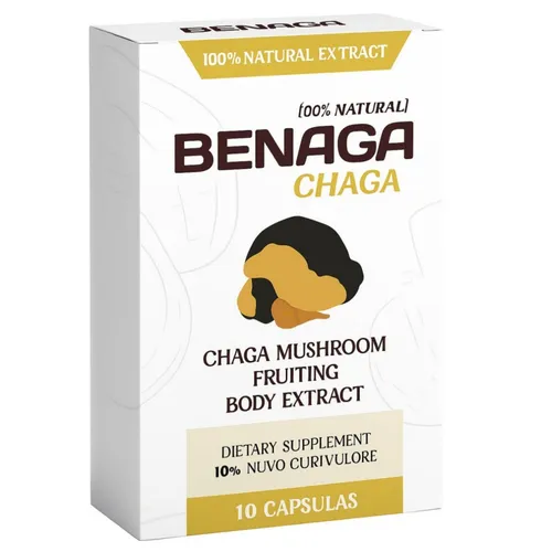 Benaga Chaga – 100 % natürlicher Chaga-Pilzextrakt - Nahrungsergänzungsmittel mit hochwertigem Chaga-Pilzextrakt in Kapseln, ergänzt mit 10 % Nuvo Curivulore-Komplex für natürliche Unterstützung des Wohlbefindens.