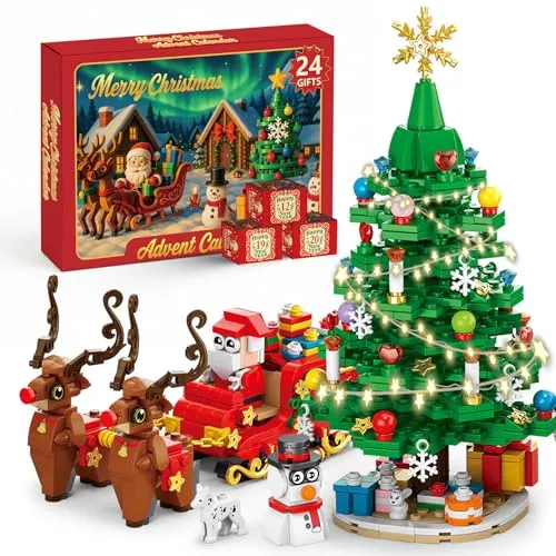 Rubypop Adventskalender 2025 Kinder, 24-Tage Weihnachts Countdown Kalender Bausteinset, Santa Schlitten & Weihnachtsbaum, Feiertags-Spielzeug Geschenk für Erwachsene, Jungen und Mädchen(912)
