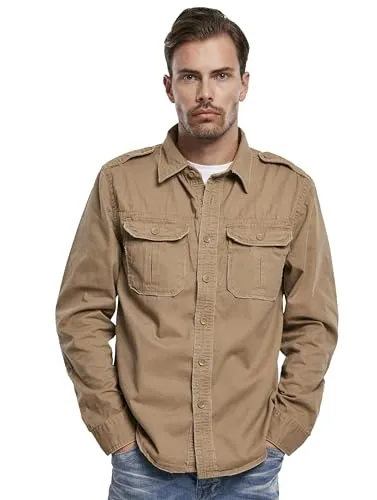 Brandit Vintage Longsleeve Hemd - Beige, Größe M für Männer - Herren-Freizeithemden mit zwei aufgesetzten Brusttaschen und Schulterklappen, ideal für einen lässigen Vintage-Look.