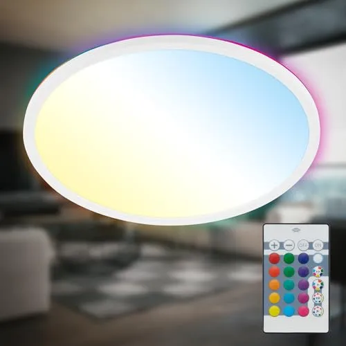 LED Panel Ø42 cm - 22W, dimmbar mit Fernbedienung - Deckenleuchte mit RGB Backlight und 3000 Lumen, ideal für stimmungsvolle Beleuchtung in Wohnzimmer oder Kinderzimmer. Anpassbare Lichttemperatur und einfache Steuerung über Fernbedienung.