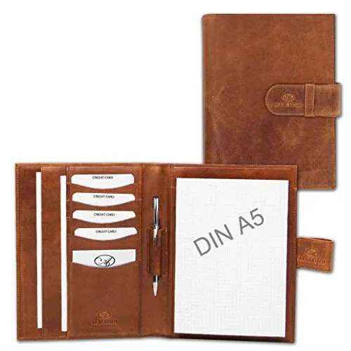 ALMADIH Leder A5 Schreibmappe mit Schreibblock - Premium Rindsleder Personal Organizer für Meetings, mit 5 Visitenkartenfächern und praktischem Stiftehalter - ideal für einen professionellen Auftritt.