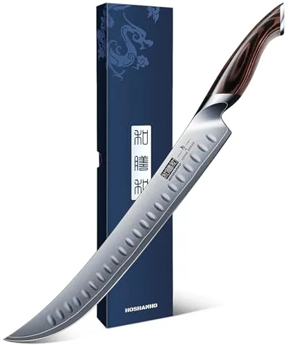 HOSHANHO Schinkenmesser 30cm, Fleischmesser aus Kohlenstoffstahl mit Ergonomischem Pakkaholzgriff, Rasiermesserscharfe, Gebogene Tranchiermesser zum Schneiden von Fleisch
