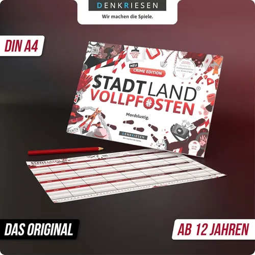 DENKRIESEN Stadt Land VOLLPFOSTEN® - Crime Edition - MORDSLUSTIGES Familienspiel für ab 12 Jahren! 50 Blatt Spielspaß ohne lange Anleitungen. Mit Spezialfeldern und ABC-Leiste für frischen Wind im Klassiker. Hochwertige Qualität aus dem norddeutschen Kult-Spieleverlag.
