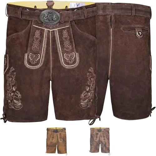 Trachtenlederhose Hans Herren Original 100% Nappa-Wildleder Trachtenhosen - Kurze Lederhosen mit Gürtel in Dunkelbraun - 54