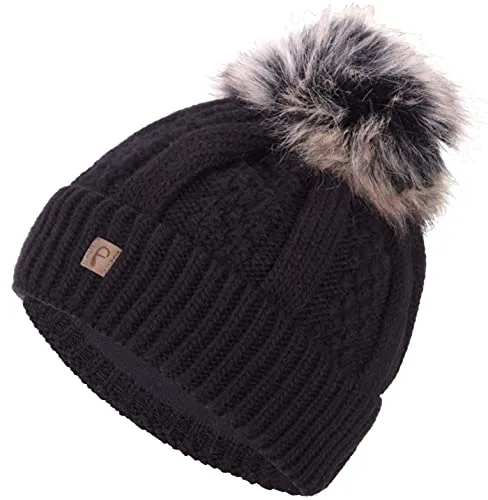 Faera Wintermütze Mütze Damen warm gefüttert Kunstfell Bommelmütze Zopf-Strickmuster Fleecefutter Bommel Winter Herbst Strickmütze Beanie Mädchen 61, Farbe:Schwarz