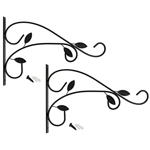 com-four® 2x Wandhalterung aus pulverbeschichteten Stahl, Haken für Blumentopf, Garten, Windspiele, Blumenampelhalter, mit Schrauben und Dübel (2 Stück - Blätter)