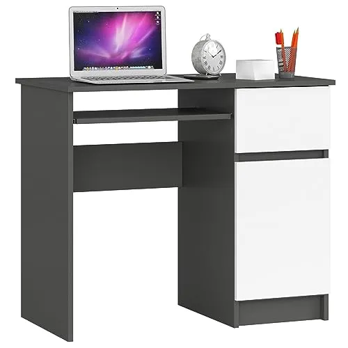 AKORD Piksel Schreibtisch Klein mit Schubladen | Office Desk | Computertisch | Bürotisch mit Tastaturablage | Schublade und Fach mit Tür | B90 x H77 x T50 cm 30 kg | Schrank Rechts | Graphitgrau|Weiß