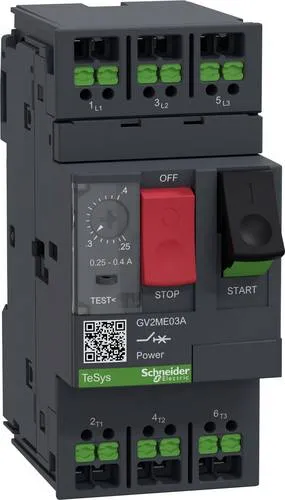 Schneider Electric Motorschutzschalter 0,25-0,4A Snapin GV2ME03A - Leistungsschalter mit thermischen und magnetischen Auslösern, ideal für Sicherheitsanwendungen. Schnelle, wartungsfreie Stromverbindung dank SnapIN Anschlussklemme.