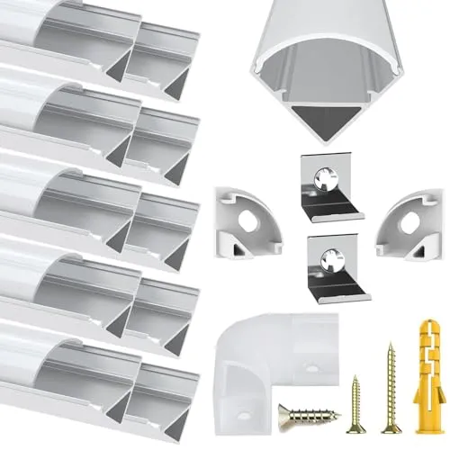 Chesbung 10X1Meter/3.3ft Alu Profile für Led Streifen kanal, V Form Aluminium Profil mit Abdeckung, Leiste Eckprofil und Stripes Diffusoren mit Endkappen, Montageclips und 45 Grad Eckverbindern
