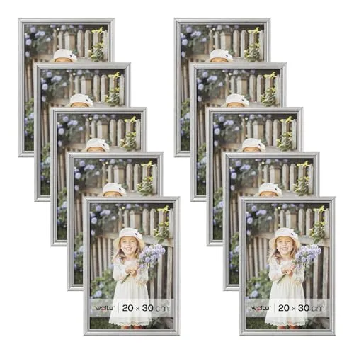 WOLTU Bilderrahmen 20x30cm 10er Set Fotorahmen Holzrahmen mit Passepartout, zum vertikalen oder horizontalen Aufhängen/Aufstellen, Posterrahmen Collage Wanddeko, Silber