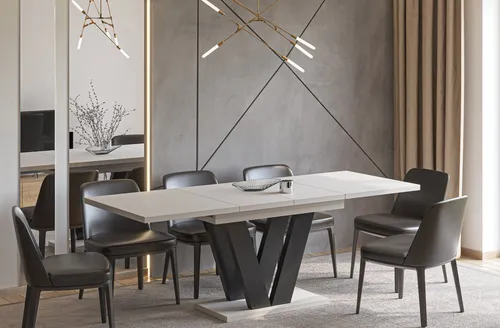 Endo-Moebel Esstisch Lara - Ausziehbarer Tisch für 8 Personen - Esstisch mit synchronem Auszug und Säulengestell, ideal für gesellige Runden. In Kaschmir Beige und Grau, perfekt für jedes Esszimmer.