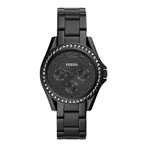 Fossil Riley Damen Uhr - Quarz-Chronograph mit Edelstahl- und Lederarmband - Armbanduhren für Damen mit 38mm Gehäuse, wasserfest bis 100m - ideal zum Baden und Schwimmen, stilvolles Design mit schwarzem Zifferblatt und robustem Edelstahlarmband.
