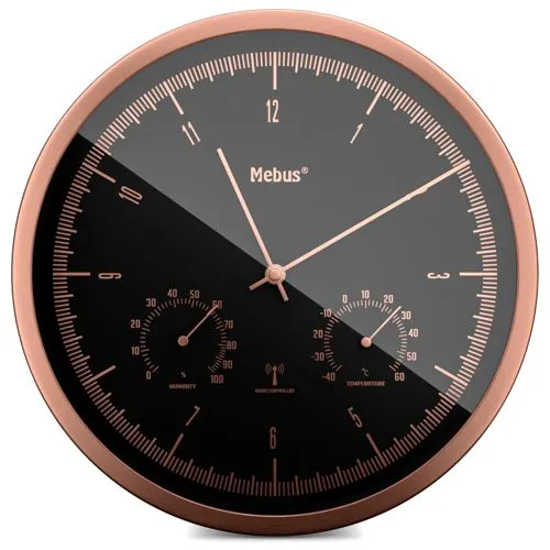 MEBUS Funk-Wanduhr - roségold-schwarz - Wanduhren mit Thermo-Hygrometer, Ø 25 cm, stilvolles Design in roségold-schwarz, perfekt für präzise Zeit- und Klimakontrolle in jedem Raum.