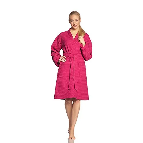 Vossen Damen Bademantel Rom, Einfarbig, Gr. S (36/38), Rosa (cranberry) - Bademantel für Damen im modernen Kimono-Stil, mit attraktiver Waffel-Struktur und pflegeleichter, reiner Baumwolle – ideal für entspannte Stunden zu Hause.