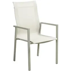 Gartenstuhl Comfy – Modern, Stapelbar, Aluminium & Textilene - Stilvoller Gartenstuhl Comfy mit Armlehne in Hellgrau und Off-White. Ideal für entspannte Stunden im Freien, witterungsbeständig und pflegeleicht. Perfekt für flexible Gartengestaltung.
