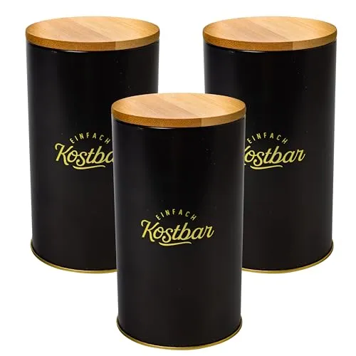 2friends 3er Set Mittel Vorratsdosen Schwarz aus Metall, Schwarze Dose mit Deckel aus Bambus mit Silikondichtung - Langlebig & Luftdicht - Perfekt Metalldose für Lebensmittel, Innen: Goldfarbig