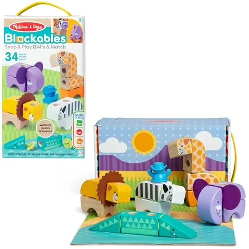 Melissa & Doug Blockables Safari Set - Spielfiguren: Kreatives Bauen mit Holzbausteinen und Steckverbindungen, fördert Fantasie und Tastsinn beim Erstellen bunter Safari-Tiere.