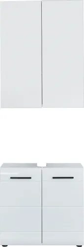 trendteam Bad 2-teilige Kombination Skin/Gloss/Line in Weiß Hochglanz - Praktische Badezimmerkombination mit smarter, nassraumgeeigneter Gestaltung. Die weiße Hochglanzfront und schwarze Griffe sorgen für ein elegantes Design und optimalen Stauraum.