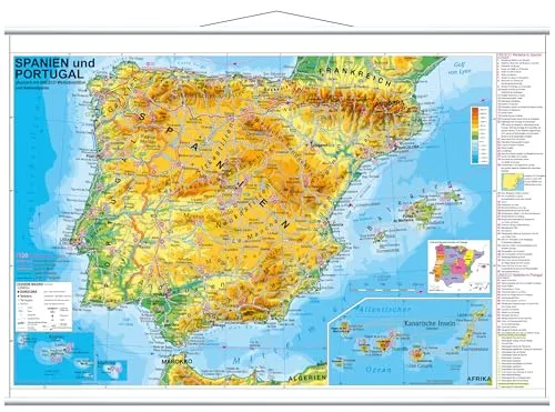 Spanien und Portugal Wandkarte mit Metallbeleistung - Detaillierte physische Wandkarte mit UNESCO-Welterbestätten und Nationalparks, ideal für Reisende und Entdecker. Perfekt für Zuhause oder das Büro.