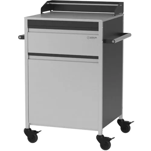 Grilltisch Small Buddy – Edelstahl Servierwagen mit 60x55cm Arbeitsfläche - Hochwertiger Servierwagen aus rostfreiem Edelstahl mit kompakter Arbeitsfläche, 225 Liter Stauraum und Soft-Close Schublade für komfortables Arbeiten im Garten oder auf der Terrasse.