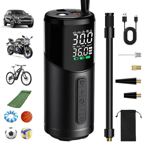 Onherm Elektrische Luftpumpe, Akku Kompressor 150PSI Tragbare Fahrradpumpe mit LED-Anzeige & LED-Licht für Auto, Motorrad, Roller, Fahrrad, Bälle