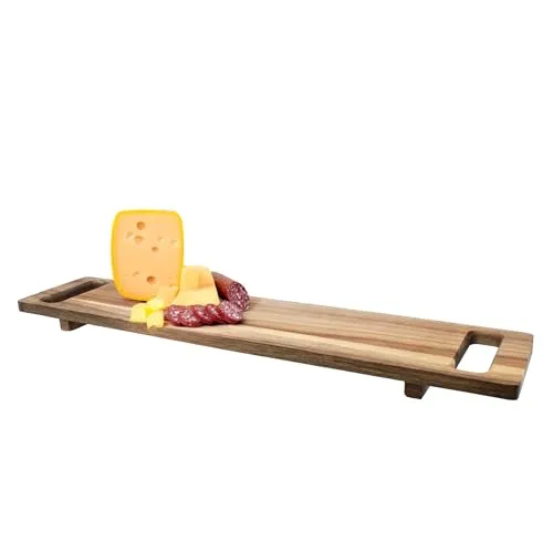 Spetebo Akazien Serviertablett rechteckig lebensmittelecht - 60 x 13 cm - Holzbrett natur mit zwei Griffen und Füßen - Servierplatte Wurstplatte Tapasplatte Küchenbrett Deko Brett