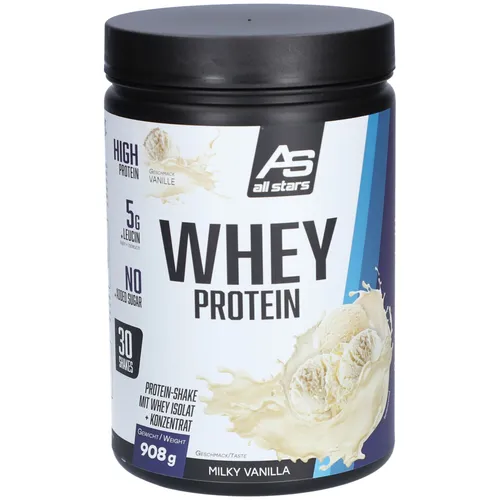 all stars Whey Protein Milky Vanilla 908g - Protein Shake für Muskelaufbau, mit hochwertigem Molkeprotein und köstlichem Geschmack von Milky Vanilla - ideal für Fitness und Training.