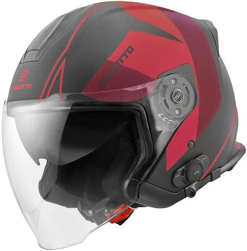 Bogotto V586 Detri BT Bluetooth Jethelm, schwarz-rot, Größe XS - Motorradhelm mit Bluetooth-Funktion, thermoplastischer Außenschale und Ratschenverschluss für optimalen Komfort und Sicherheit.