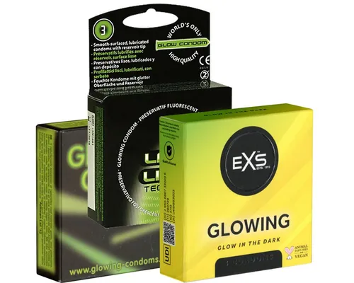 Kondomotheke Kondome Glow Mix (Nr. 2) 3 Packungen leuchtende Kondome, insgesamt, 9 St., fluoreszierende Kondome, Probierset, Leuchtkondome für mehr Fun im Dunkeln