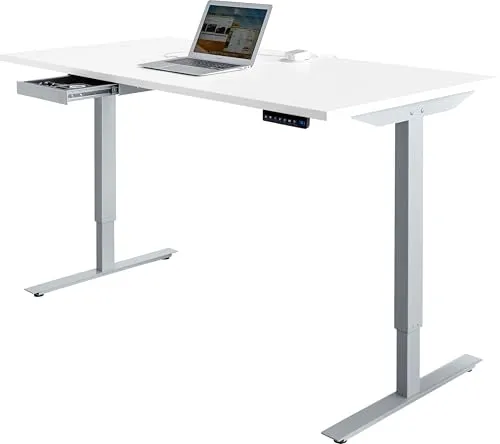 SCHÄFER SHOP Schreibtisch elektrisch höhenverstellbar, T-Fuß, B 160 xT 80 x H 70,5–120,5 cm, Platte lichtgrau, Gestell Weißaluminium, inkl. Zubehörschublade