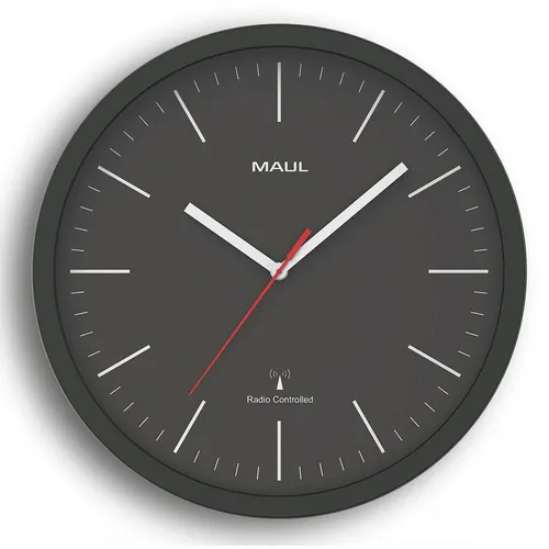 MAUL Funkwanduhr MAULjump schwarz, Ø 30,5 cm - Elegantes Design - Wanduhren aus Kunststoff in modernem Schwarz, mit präziser Funkanzeige und stilvollem Look für jede Wand.