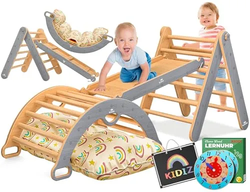 KIDIZ Klettergerüst 7in1 - Montessori Spiel-Set aus Holz - Klettergerüst für Kleinkinder ab 1 Jahr – fördert spielerisch Motorik und Kreativität mit Lernuhr und Kreidetafel. Sicher, stabil und modular für endlosen Spielspaß!