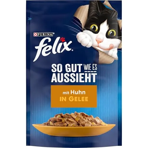 FELIX So gut wie es aussieht Senior Katzenfutter in Gelee mit Huhn, 26er Pack - Beutelfutter für Katzen, speziell für Senioren ab 7 Jahren, reich an Vitaminen und Omega-6, für ein aktives und gesundes Katzenleben.