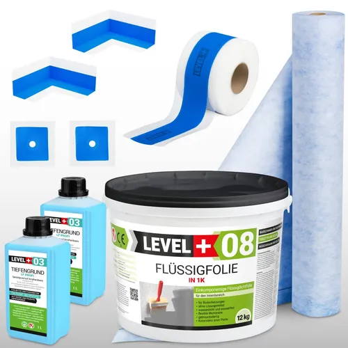Dichtset für Badabdichtung 12kg Flüssigfolie Dusche Dichtband LEVEL PLUS SET329 - Dichtmaterialien für Badezimmer: Schimmelresistent und wasserdicht, ideal für sichere Abdichtungen in Duschen und Wänden.