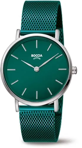 Boccia Damenuhr Titan/Edelstahl Grün 3281-10 - Elegante Armbanduhr für Damen mit mineralglas, Schnappverschluss und spritzwassergeschützt bis 3 ATM - perfekt für jeden Anlass!