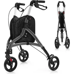 COSTWAY Rollator mit Sitz klappbar leicht, Gehhilfe 6-fach höhenverstellbar, Dreirad Schmal, Gehwagen Alu mit Tasche & Bremse Grau - Grau/Schwarz