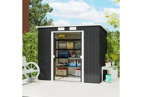 Outsunny Gerätehaus mit Pultdach, Abschließbarer Doppelschiebetür, Belüftung, Bodenrahmen, BxT: 213x130 cm, (Geräteschuppen, 2 St., Gartenhaus), für Hinterhof Garten, Dunkelgrau