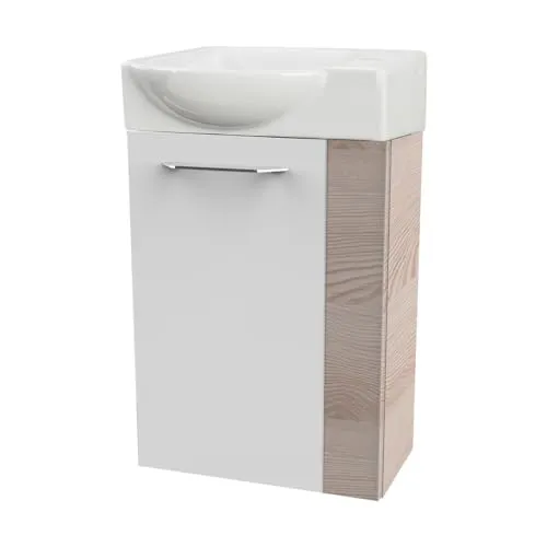 FACKELMANN Waschbecken SBC B. CLEVER Gäste WC Set 2-teilig 45 cm, Braun hell - Praktisches 2-teiliges Gäste-WC-Set für kleine Bäder: Der Unterschrank in Braun hell mit Hochglanzfront bietet Stauraum, kombiniert mit einem eleganten weißen Keramikwaschbecken. Ideal für stilvolle Gästebäder.