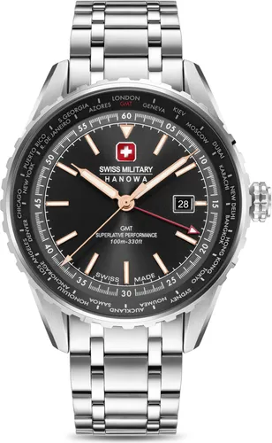 SWISS MILITARY HANOWA AFTERBURN GMT - Herren-Armbanduhr - Herrenuhren mit präzisem Quarzwerk, elegantem Design aus hochglanzpoliertem Edelstahl und 10 ATM Wasserresistenz - ideal für Schwimmen und Schnorcheln.