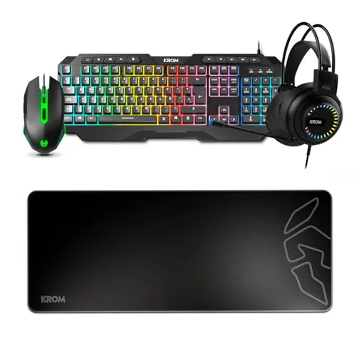 KROM KARRIER - Gaming Pack - RGB Rainbow LED Membrantastatur, 19 Anti-Ghosting-Tasten, Optische Maus 3600 dpi, Stereo-Kopfhörer 50mm, XXL Anti-Rutsch-Gummimauspad, Layout, schwarz