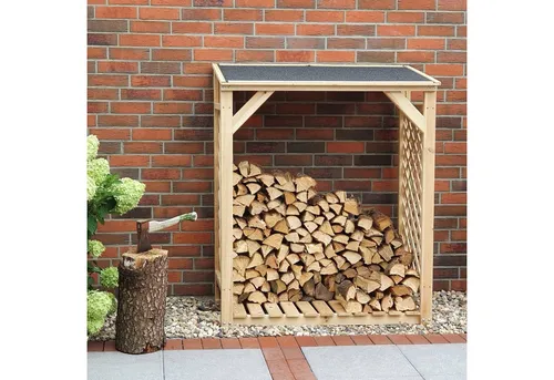promadino Kaminholzregal Speyer - Aschesauger und Kaminholzregal in Beige, ideal für stilvolle Aufbewahrung von Kaminholz, aus naturbelassenem Kiefernholz, selbstmontierbar mit einfacher Anleitung.