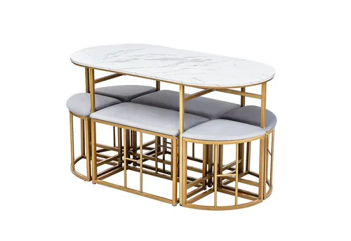 Flieks Essgruppe 7-tlg. mit 6 Samt Hockern in gold von Flieks