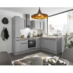 Küchenblock mit E-Geräten MANCHESTER (Ecke-Apotheker) I - grau - Küchenzeilen mit modernen E-Geräten, platzsparendes Eckdesign und stilvolles graues Finish für eine funktionale und elegante Küche.
