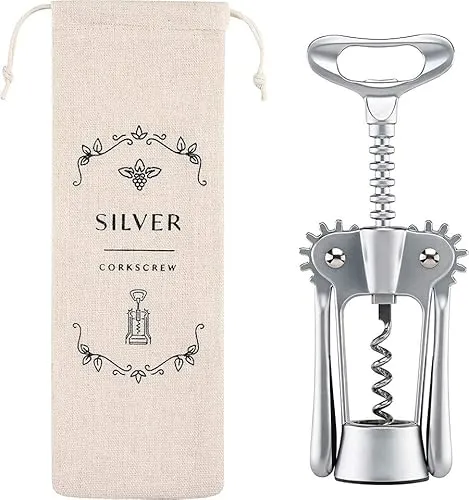 Korkenzieher mit Flügeln, Flaschenöffner mit Baumwolletui, Hotel- und Catering-Qualität. Korkenzieher mit Hebel zum einfachen Öffnen von Weinflaschen (Silber)
