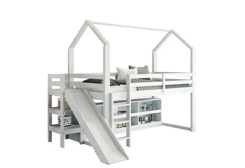 Odikalo Kinderbett Hausbett Einzelbett Rutsche Schließfach ( Ohne Matratze)  Weiß 90*200cm