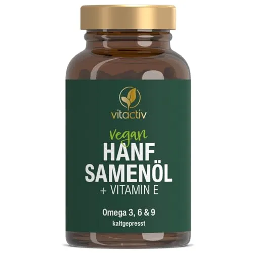 HANFSAMEN ÖL + Vitamin E - Idealverhältnis (3:1) an Omega 6 und Omega 3, plus Omega 9 - Für Herz, Gefäße und Zellschutz (60 Kapseln)