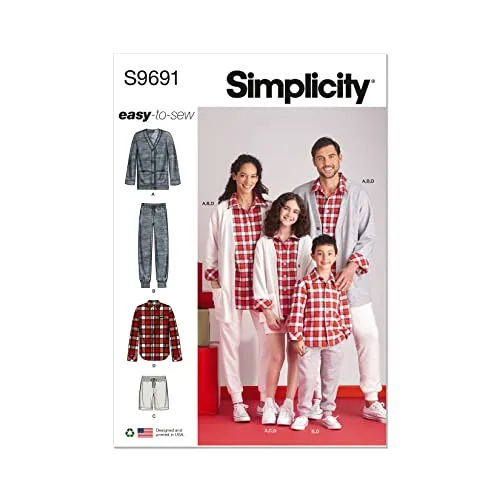 Simplicity SS9691AA Mädchen Jungen und Erwachsene Lounge Shirt Strickjacke Shorts Jogger AA (S-M-L)