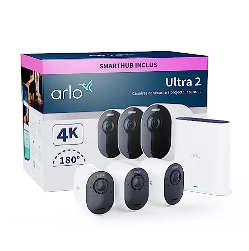 Arlo Ultra 2 Überwachungskamera Außen WLAN 3er Set - 4K UHD Überwachungskamera mit 180° Sichtfeld, kabellos und wetterfest. Ideal für ganzjährigen Schutz Ihres Hauses, inklusive Bewegungsmelder und Farb-Nachtsicht.